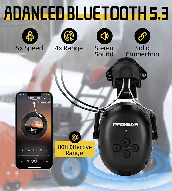 PROHEAR 037BR04 Bluetooth Hearing Protection with Adapter for 3M H-700 Hard Hats/DEWALT Hard Hat, 40H Playtime Safety Headphone for Construction Worker, Mowing - Black