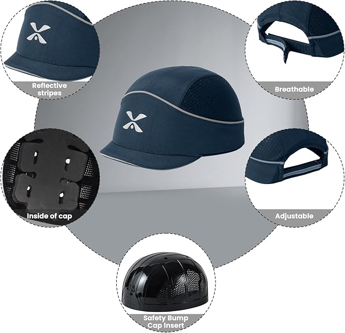 TIHEEN Unisex Safety Bump Cap, Baseball Hat Style with Reflective Stripes Lightweight and Breathable Hard Hat Head Protection Cap