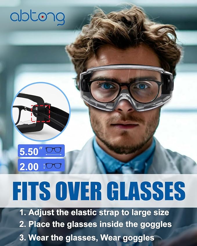 Safety Goggles Over Glasses - Anti-Fog Lens Wide Vision Eyewear for Chemistry Lab Work & Industrial Use - ANSI Z87.1 Certified Eye Protection, Impact Resistance, Adjustable Strip - Men & Women