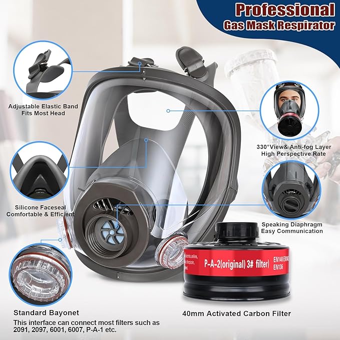Gas Mask Survival Nuclear and Chemical - Respirator with 40mm Activated Carbon Filter, Full Face Reusable Respirator Mask for Chemicals, Gases,Dust,Organic Vapors,Fumes,Spray,Welding,Painting