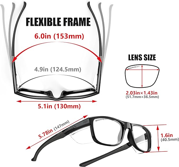 HTS TR90NZZ Safety Glasses Small Size with Side Shields ANSI Z87 Optical Eyeglass prescription Frame Scratch Fog Resistant