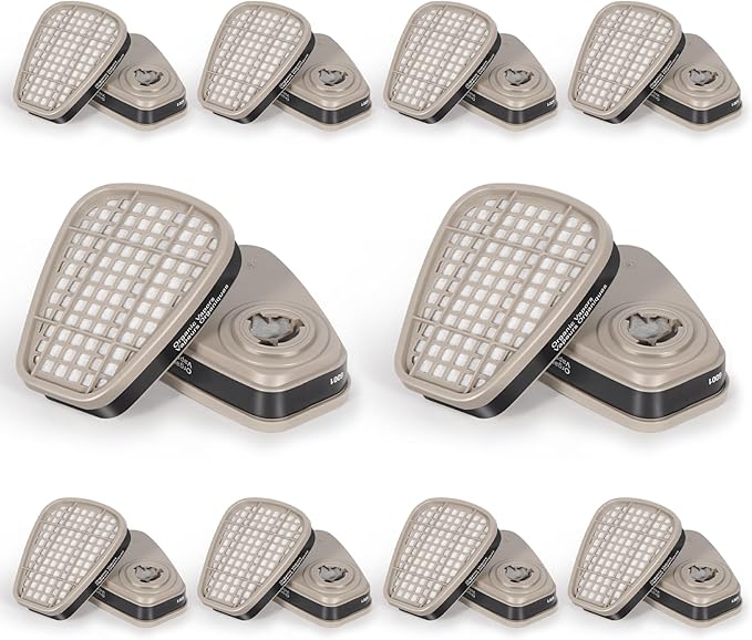 6001 Filter Cartridges for Respirator, 10 Pairs Activated Carbon Cartridges for Resin Chemicals Organic Gases Dust, Replacement 6200/6000/6502/6800/7000/FF402 Series Paint Respirator Mask Filters