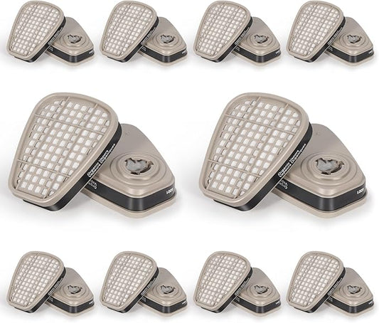 6001 Filter Cartridges for Respirator, 10 Pairs Activated Carbon Cartridges for Resin Chemicals Organic Gases Dust, Replacement 6200/6000/6502/6800/7000/FF402 Series Paint Respirator Mask Filters