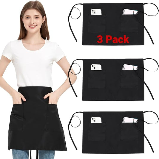 3 Pack Waist Apron with 3 Pockets, Unisex Black Waiter Aprons, Water Resistant Server Aprons for Restaurant Chef Bar