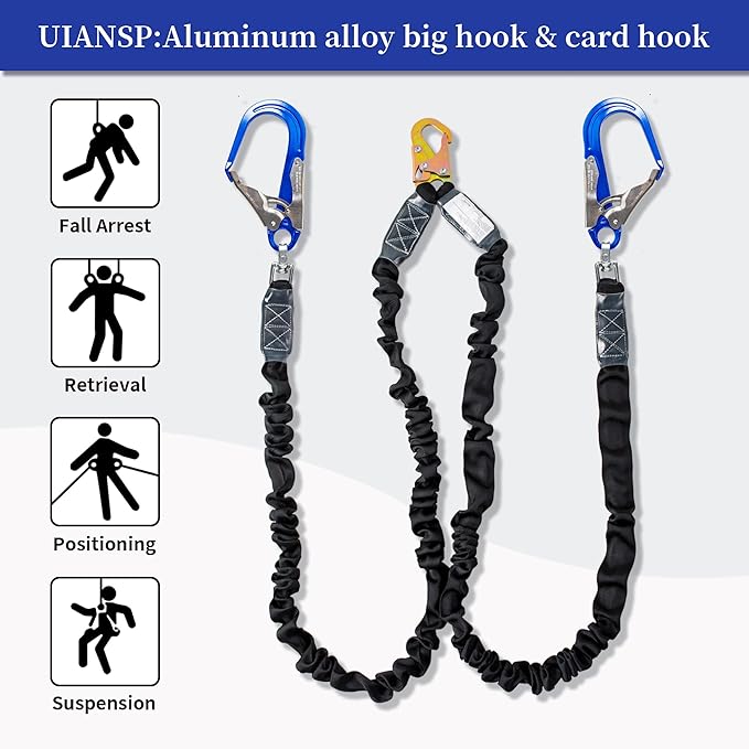 6ft Safety Lanyard Double Leg Internal Shock Absorbing Safety Fall Protection Lanyard with Rope Harness Safety Lanyard Dual Rebar & Snap Hook Roofer Fall Protection Equipment（Aluminium Alloy）