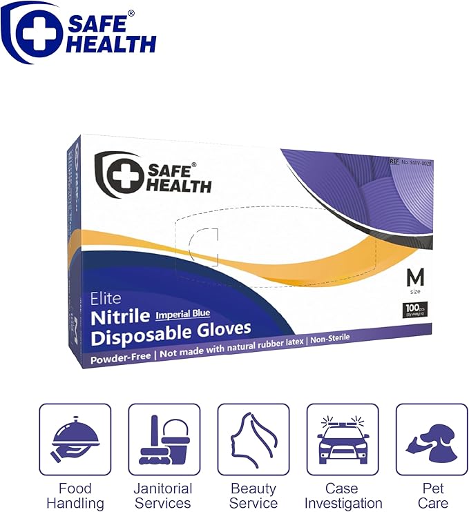 Safe Health Nitrile Imperial Blue Disposable Gloves, 4.5Mil, Powder & Latex Free