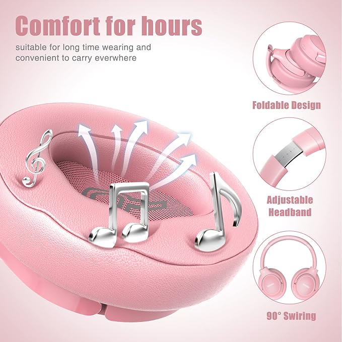 BERIBES Bluetooth Headphones Over Ear, 65H Playtime and 6 EQ Music Modes Wireless with Microphone, HiFi Stereo Foldable Lightweight Headset (Pink)