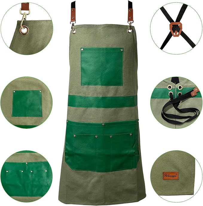 Barber Hair Stylists Working Apron Waterproof Canvas Chef Kitchen Apron with 6 Pockets