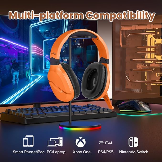 Wireless Gaming Headset with Noise Canceling Microphone for PS5, PC, PS4, 2.4G/Bluetooth Gaming Headphones with USB and Type-c Connector, Wired Mode for Controller - Orange