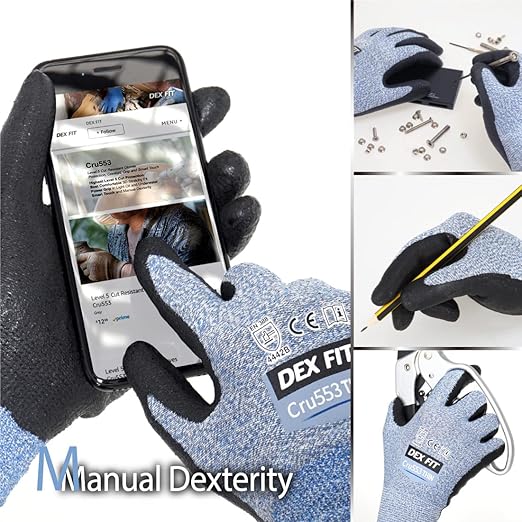DEX FIT A5 Precision Cut Resistant Gloves Cru553 Thin - 1 Pair, Firm Grip, 3D-Comfort Fit, Lightweight & Durable, Nitrile Anti-Slip Palms,Touchscreen Compatible for Precision Assembly; Blue S (7)