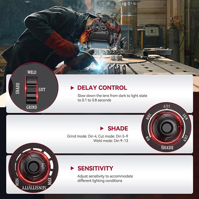 ARCCAPTAIN Large Viewing Screen 3.93"X3.66" Welding Helmet, True Color 1/1/1/1 Solar Power Auto Darkening Welding Hood with 4 Arc Sensor, Wide Shade 4/5-9/9-13 for TIG MIG ARC, Skeleton