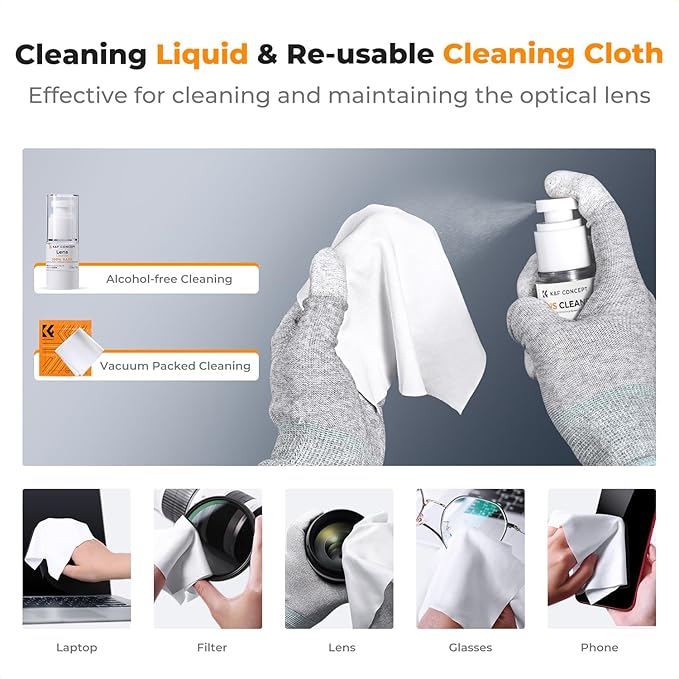 K&F Concept Professional Lens Cleaning Kit for DSLR & Mirrorless Cameras with APS-C/Full-Frame Sensor Cleaning Swabs/Lens Cleaner/Gloves/Camera Blower/Lens Pen Brush/Microfiber Cloths/Carrying Case