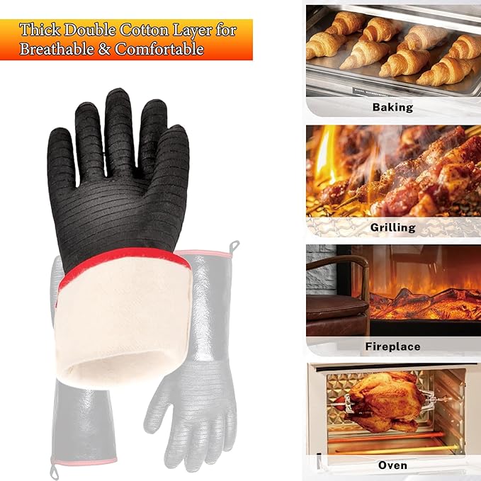 BBQ Grill Gloves, 932°F Heat Resistant Grilling Gloves 14in Waterproof Long Sleeve Barbecue Gloves for Fryer Turkey Baking Smoker Rotisserie BPA-Free