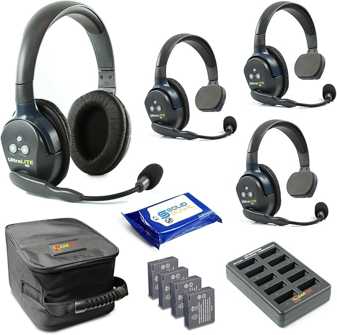 Eartec UL431 Ultralite Full Duplex Wireless Headset Communication for 4 Users - 3 Single Ear and 1 Dual Ear Headsets with SolidSignal Cleaning Wipes Bundle