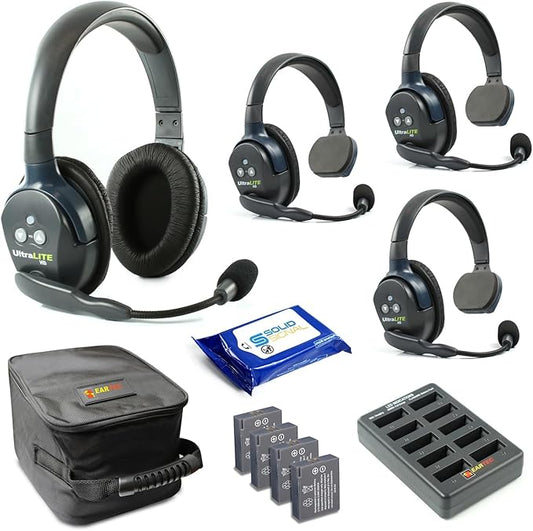 Eartec UL431 Ultralite Full Duplex Wireless Headset Communication for 4 Users - 3 Single Ear and 1 Dual Ear Headsets with SolidSignal Cleaning Wipes Bundle