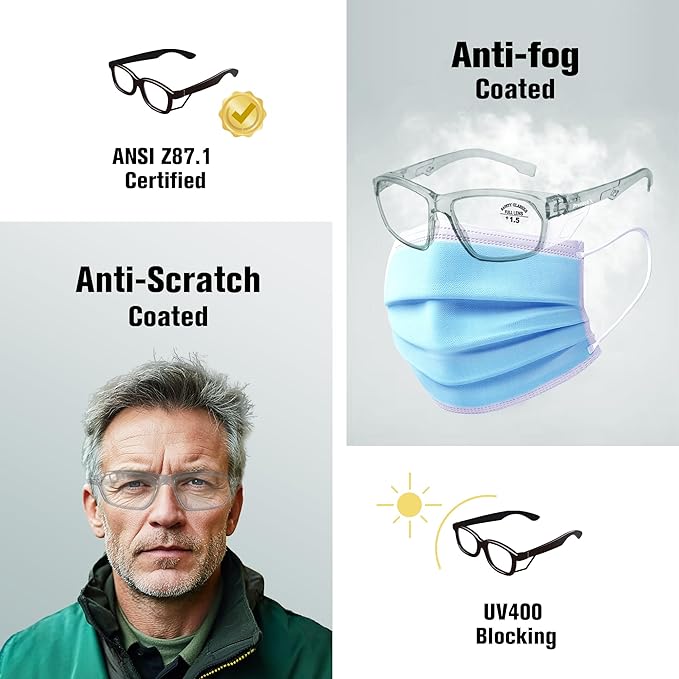ProtectX Stylish Anti-Fog & Scratch-Resistant Safety Glasses With Readers, UV Protection Goggles, Anti-Impact Lightweight Glasses for Men＆Women Charcoal Reading 1.5-2 Pack