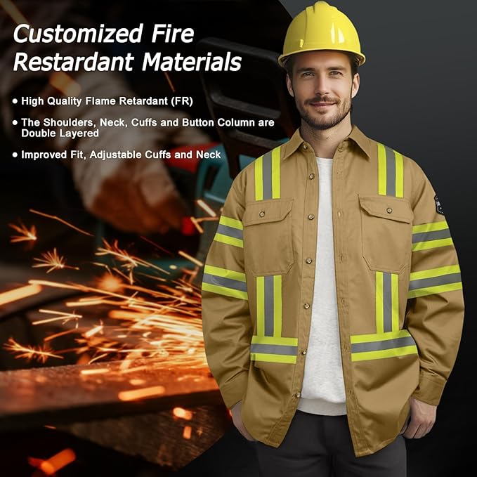 FR Shirts 7.5oz Flame Resistant Welding Shirt, 100% C Reflective FR Clothing for Men, Men's Fire Retardant Welding Jacket for Work, Heavy Durable Welding Gear, Meets NFPA2112, Khaki-ZRWD 2XL