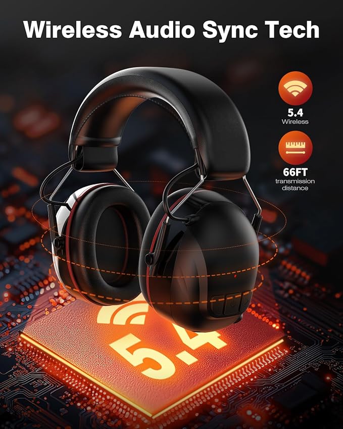 Bluetooth 5.4 Hearing Protection Headphones with 120H Working Time, 30dB SNR, Superior Stereo Sound Quality, Larger Buttons for Easy Operation, Safety Ear Muffs for Lawn Mowing, Workshops-Black