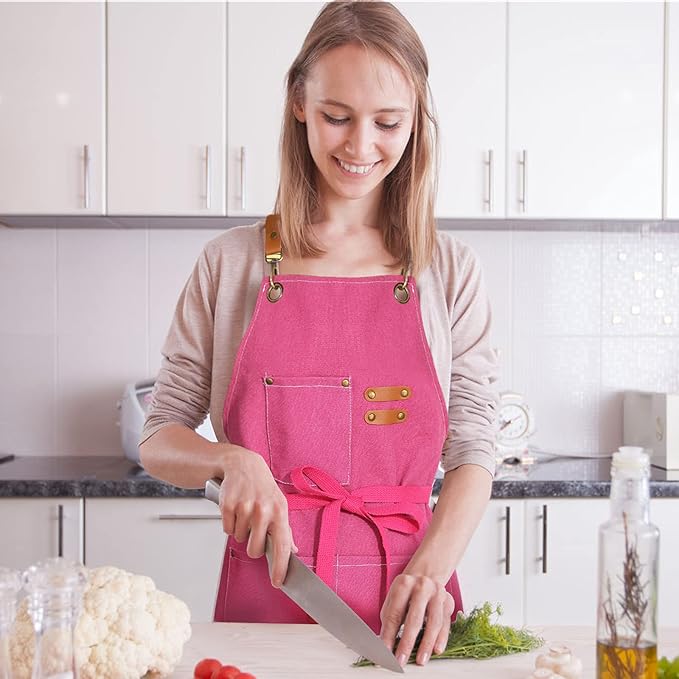 Apron for Women,Baking Kitchen Cooking Apron with Pockets, Cotton Canvas Cross Back Apron with Adjustable Strap and Large Pockets,BBQ Drawing Crafting Aprons for Women Chef (Pink)