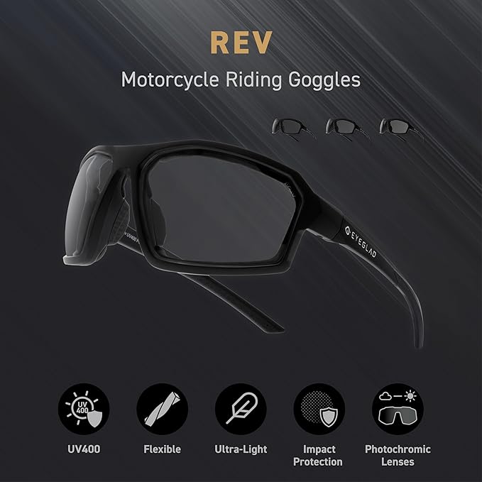 REV Z87+ Powersports Motorcycle Riding Goggles High Impact Photochromic UV400 Sports Wrap Sunglasses Safety Glasses