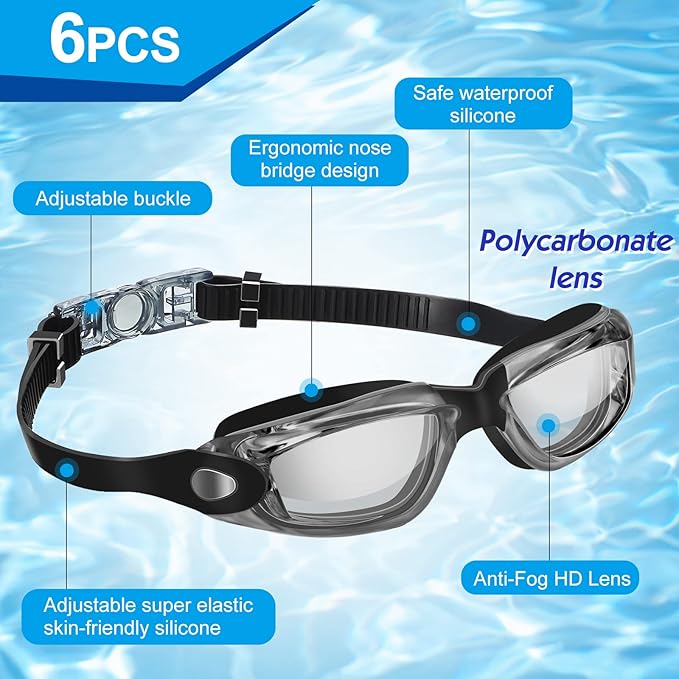 Flutesan 6 Pack Swimming Goggles Adult Kids Anti Fog Pool Goggles with Ear Plugs Nose Clip No Leaking Full Protection