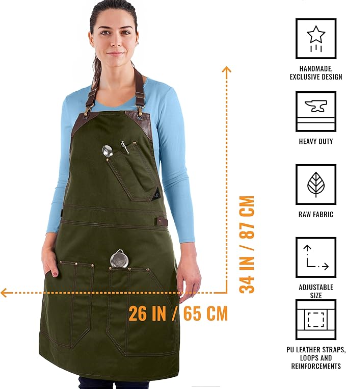 Under NY Sky Barista Apron - Brown Leather Straps and Reinforcement - Riveted Pockets - Double Stiched - Leather Ring Loop - Professional Green Twill - Double as Half Bistro Apron - Chefs, Bartender