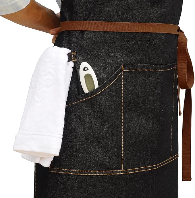 Denim Kitchen Apron with Pockets, Mens Womens Professional Chef Bib Apron for Cooking Grill BBQ Server