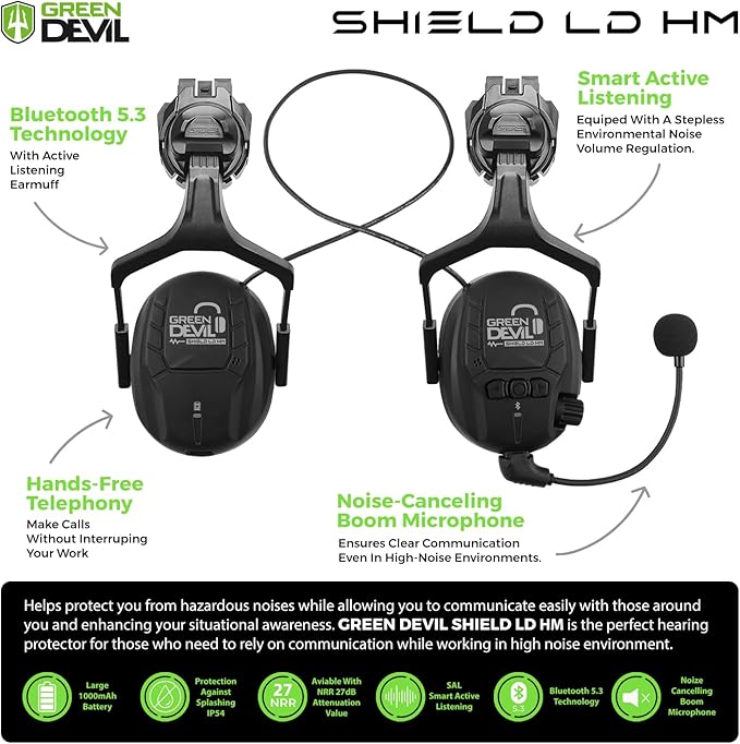 GREEN DEVIL Hard Hat Safety Helmet with Visor Bluetooth Ear Muffs and Headlamp 5 in 1 Full Protection Vented Work Hardhat ANSI Z89.1 Cascos De Construccion for Industrial Construction Forestry