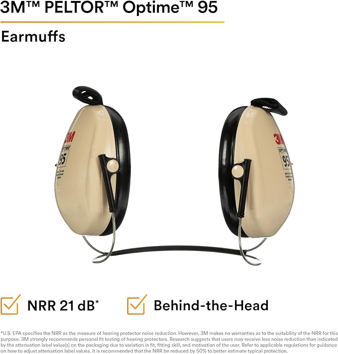 3M PELTOR Hearing Protection Optime 95 Earmuffs, Adjustable Earcups, E-A-Rfit Compatible, Stainless Steel