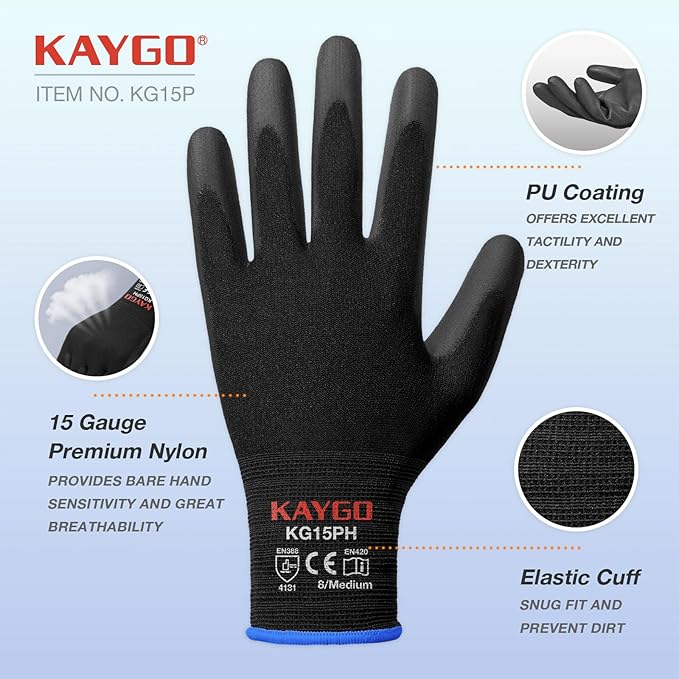 KAYGO Work Gloves PU Coated 12 Pairs, KG15P,Nylon Liner with Flexible Polyurethane Coating,Safety Work Gloves for DIY, Assembly, Warehouse, Light Duty Work (XL,Black)