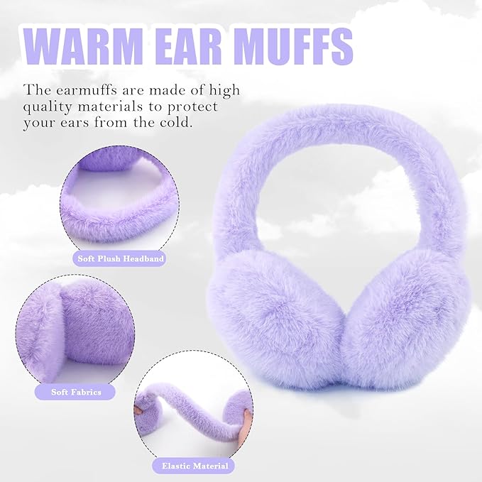 Winter Ear Muffs for Women Girls Faux Fur Cute White Earmuffs Fluffy Ear Warmers Foldable Ear Covers Outdoor