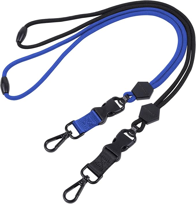 Wisdompro 2 Pack of 23 inch Durable Round Cord Heavy Duty Lanyard with Safety Breakaway Buckle, Detachable Buckle and Metal Hook for ID Card Badge Holder and Keys - Black and Blue