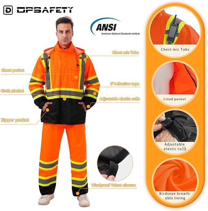 Hi Vis Safety rain Jacket，Reflective Class 3 Rain coat with Inner Mesh Lining and Pockets High Visibility Waterproof work Rain Suits for men&women（Orange,LG/XL）