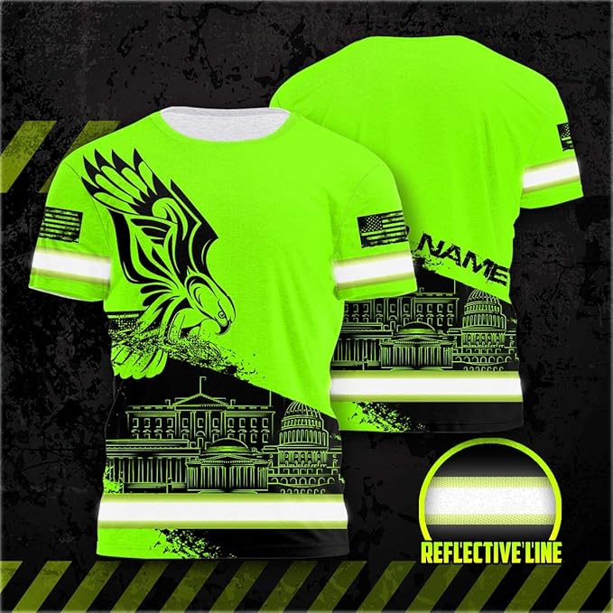 Matedecor Skull High Visibility Shirt Men Reflective Safety Shirts US Flag Custom Name Workwear, Runners, Walkers, Patriotic