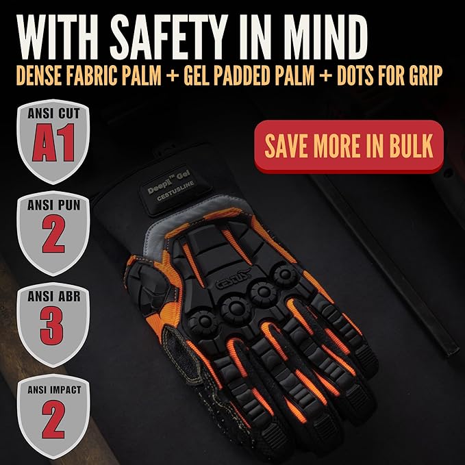 Cestus 3045, Impact Gloves (1,3,10,50 Pairs) Dense Fabric Palm with Dots, Gel Padded Palm, Heavy Duty Safety Work Gloves
