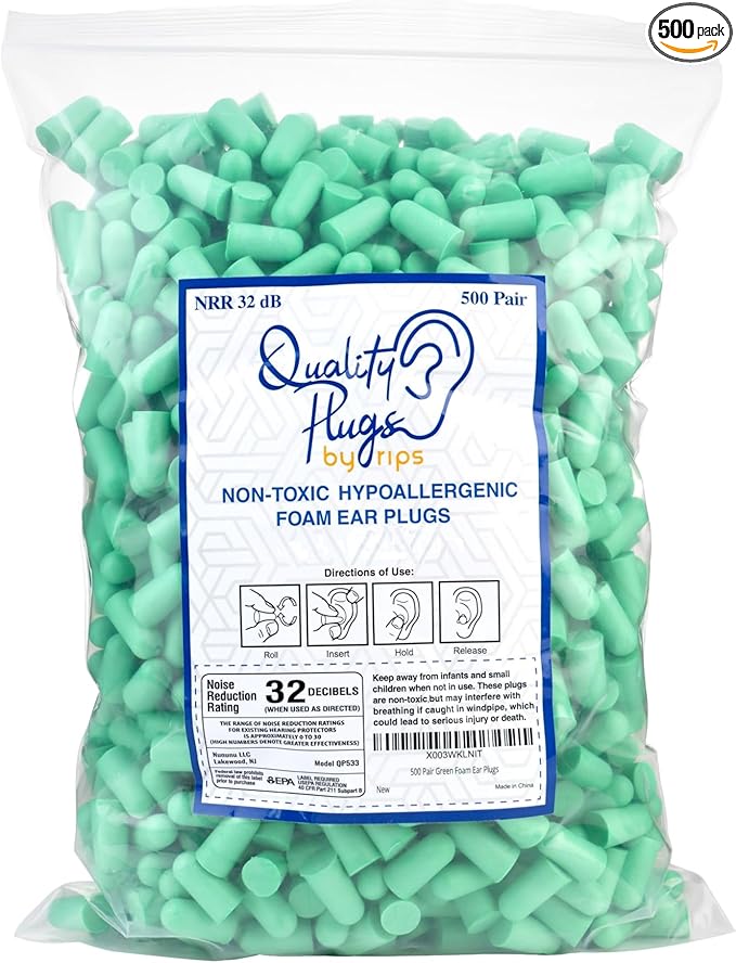 Quality Foam Ear Plugs 500 Pair - 32 dB Disposable Noise Cancelling High Decibel Sound Blocking Soft Ear Plugs - Dispenser Refill Safety Hearing Protection Bulk Ear Protection