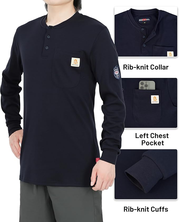 BOCOMAL FR Shirts Henley 7oz Midweight Fire Resistant Clothing NFPA2112 CAT2 Men's Flame Retardant Work Shirt