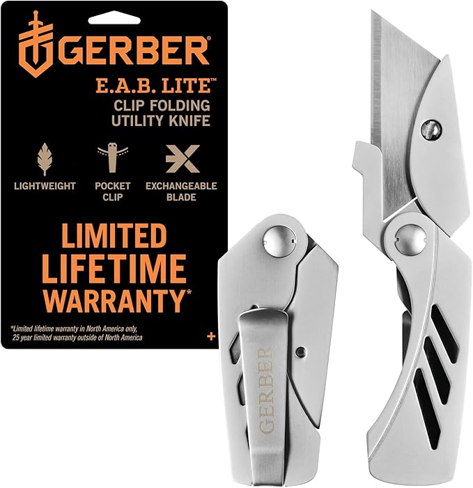 Gerber Gear EAB Lite Pocket Razor Knife with Money Clip - EDC Gear Folding Stainless Steel Utility Knife with Box Cutter Blade for Everyday Carry