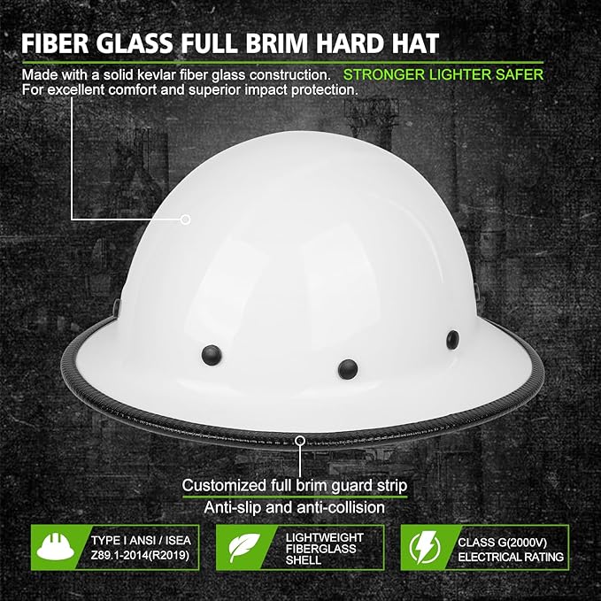 GREEN DEVIL Fiberglass Full Brim Hard Hat OSHA & ANSI Rated Fiber Hardhat for Men with Brim Guard