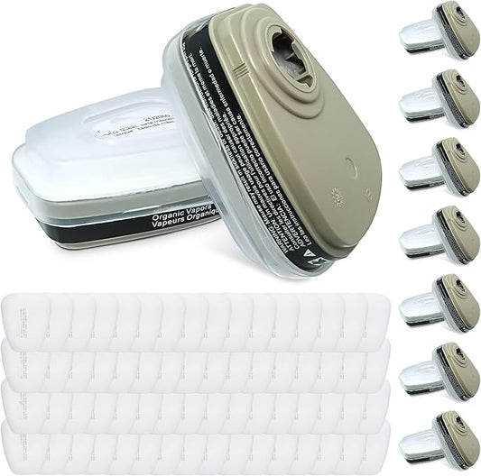 96-Piece Set 6001 Organic Vapor Respirator Cartridges,Replacement Cartridge Filter for 6200, 6800 Respirator mask(16 Cartridges,16 Caps,64 Cottons)
