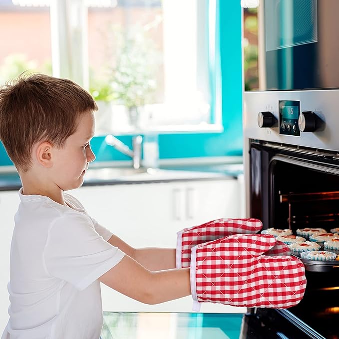 2Pcs Oven Mitts for Play Kitchen, Anti- Scald Gloves Microwave Oven Gloves Kitchen Mitts for Safe Baking Cooking ( Red Checkered )