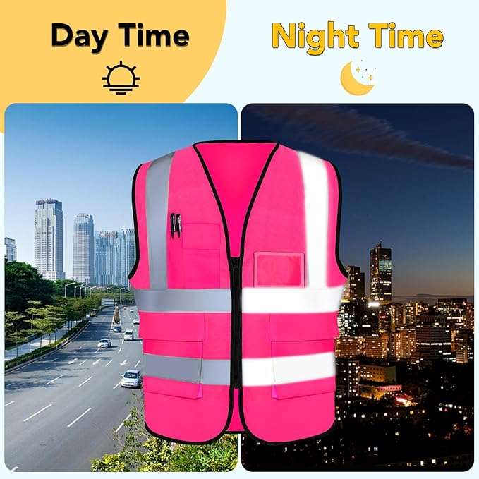 XPCARE 2-Pack Hi Vis Reflective Safety Vest with Pockets,High Reflective Strips Zipper Work Vest for Men and Women,Pink(Medium)