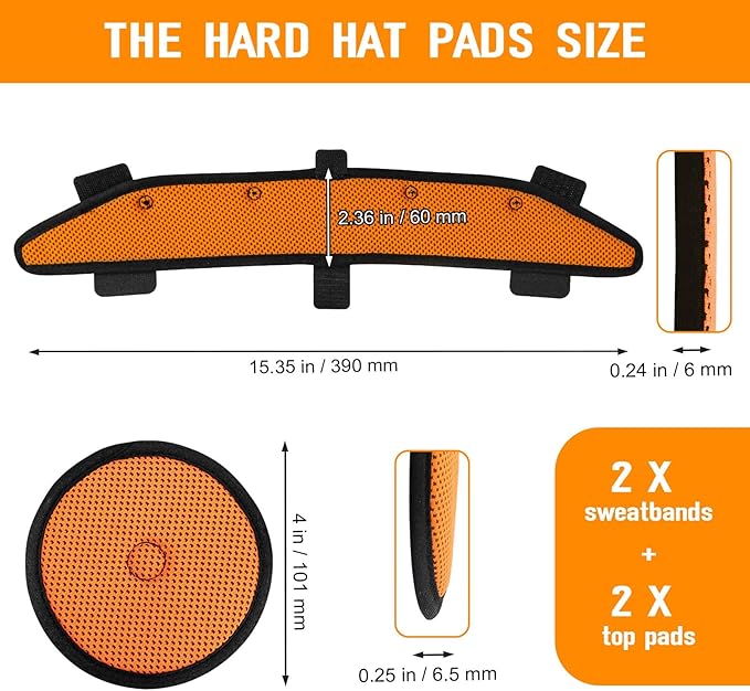 Hard Hat Sweatband and Top Pad for Safety Helmet, Washable Hard Hat Cooling Liner Accessories Set, Suspension Sweat Band Replacement, Reusable Inserts Headband, Orange, 4 PCS