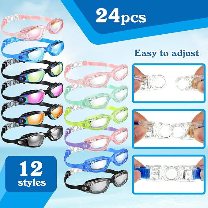 Konohan 24 Pack Swim Goggles Bulk for Kids adult Pool Goggles Anti Fog Silicone No Leak Swimming Glasses for Men Women Youth