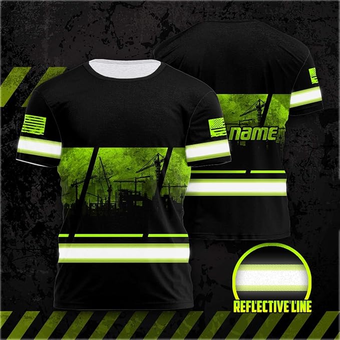 Matedecor Skull High Visibility Shirt Men Reflective Safety Shirts US Flag Custom Name Workwear, Runners, Walkers, Patriotic