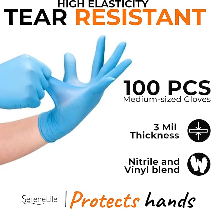 Serenelife 100 count Medium Gloves Nitrile Disposable Latex & Powder Free - Great for Kitchens, Food Handling & Cleaning Supplies - Soft & Comfortable fit - Vinyl & Nitrile blend - Medium -100 Pack