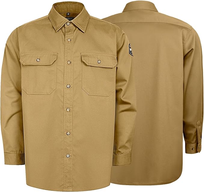 Welding Shirt 7.5oz FR Shirts for Men, 100% C Flame Resistant Welding Jacket with Reinforced Sewing, Durable Men's Fire Retardant FR Clothing for Men, Meets NFPA2112, Khaki-ZRND 4XL
