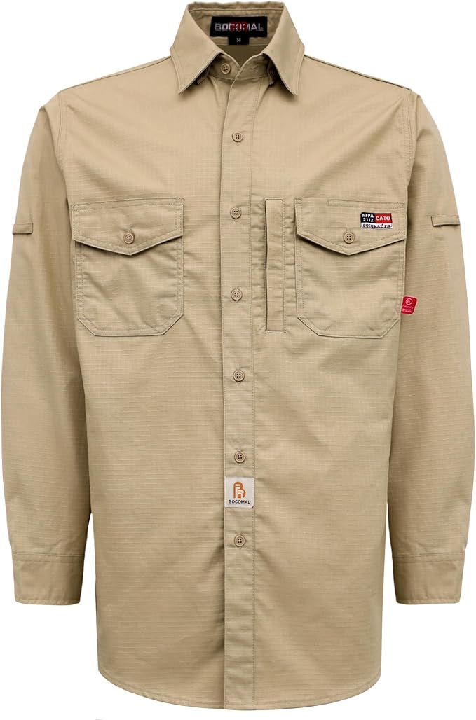 BOCOMAL FR Shirts 6oz Ripstop Durable Rugged Zipper Pocket Water Repellent Finish Fire Resistant Shirt-CAT2