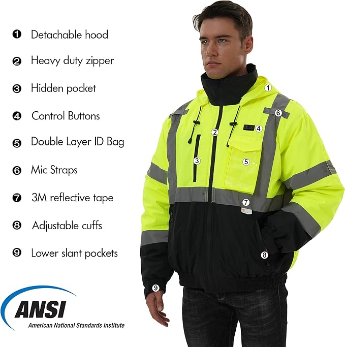 SKSAFETY Heated Safety Bomber Jacket, Class 3 Hi-Vis Waterproof Coat, 3M Reflective Tape, Work Construction Coats