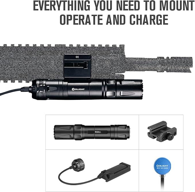 OLIGHT Odin 2000 Lumens Picatinny Rail Mounted Rechargeable Tactical Flashlight with Remote Pressure Switch, 300 Meters Beam Distance, Powered by Battery(Black)